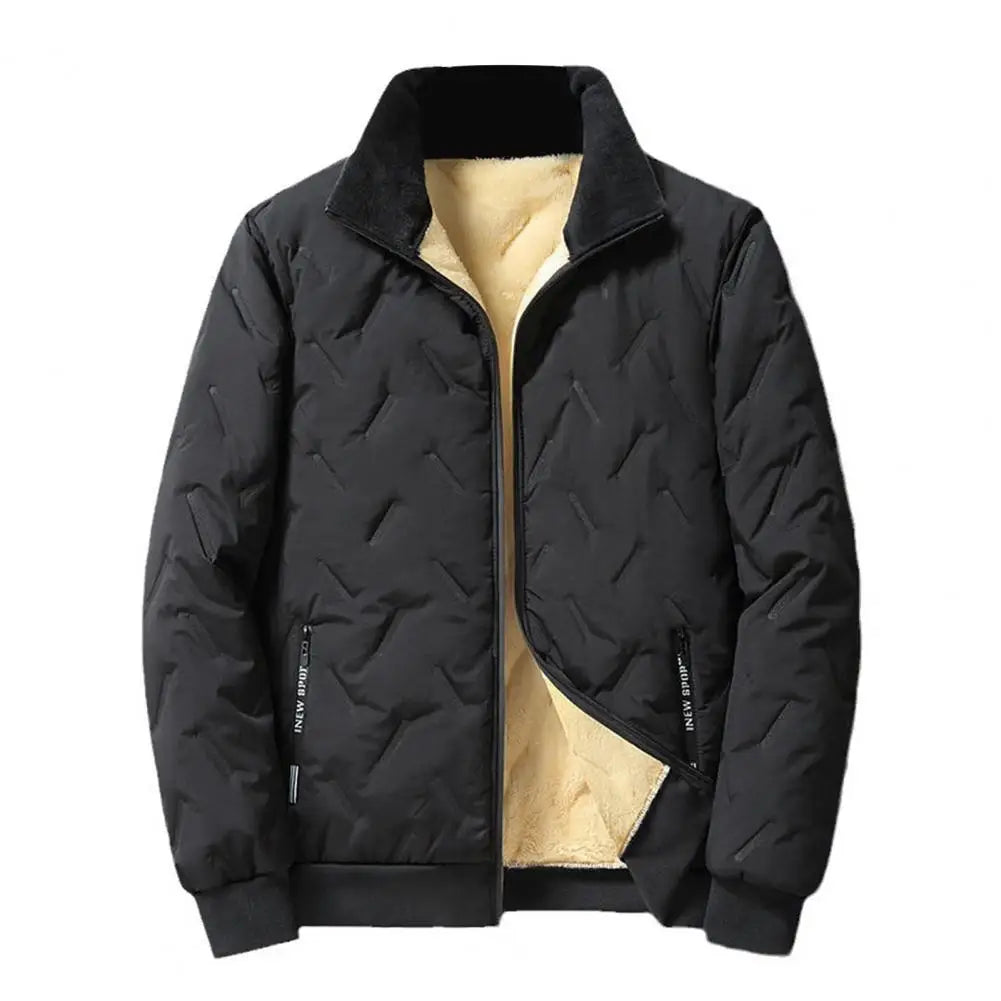 Men Parkas For Winter Lapel Embossed Lines Zipper Pockets Jacket Solid Color Plush Lining Elastic Hem Male Coat For Outdoor