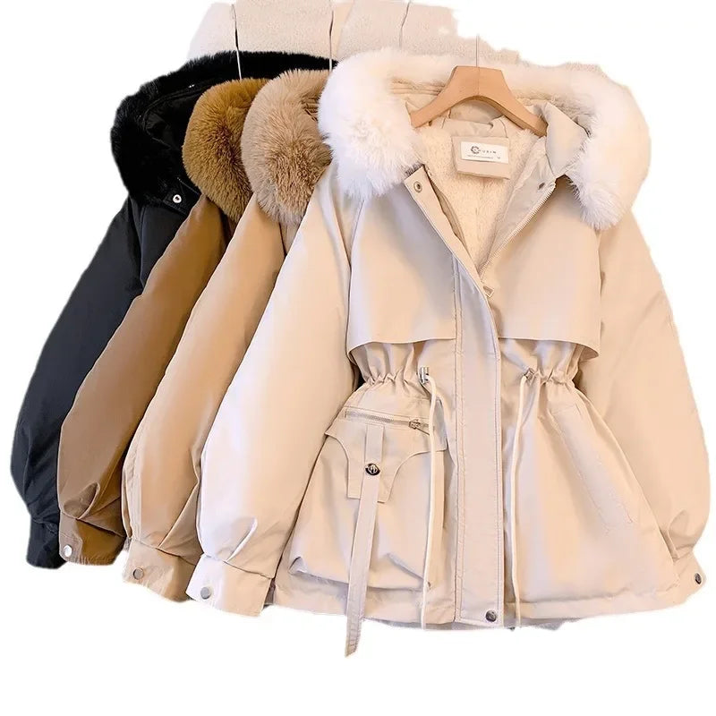 2024 Autumn Winter Parkas Coat New Women's Cotton-Padded Plush Warm Coat Women's Long Sleeve Zipper Hooded Drawstring Parkas