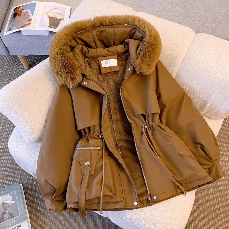 2024 Autumn Winter Parkas Coat New Women's Cotton-Padded Plush Warm Coat Women's Long Sleeve Zipper Hooded Drawstring Parkas