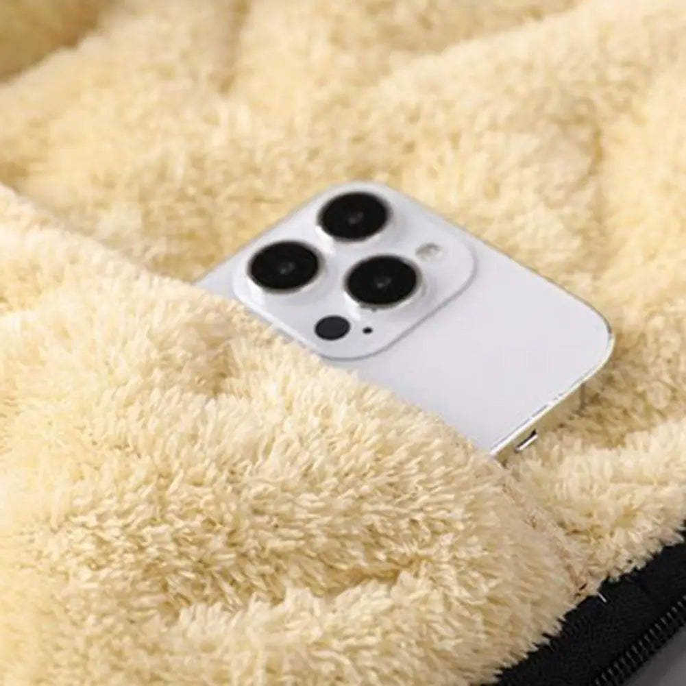 Men Parkas For Winter Lapel Embossed Lines Zipper Pockets Jacket Solid Color Plush Lining Elastic Hem Male Coat For Outdoor