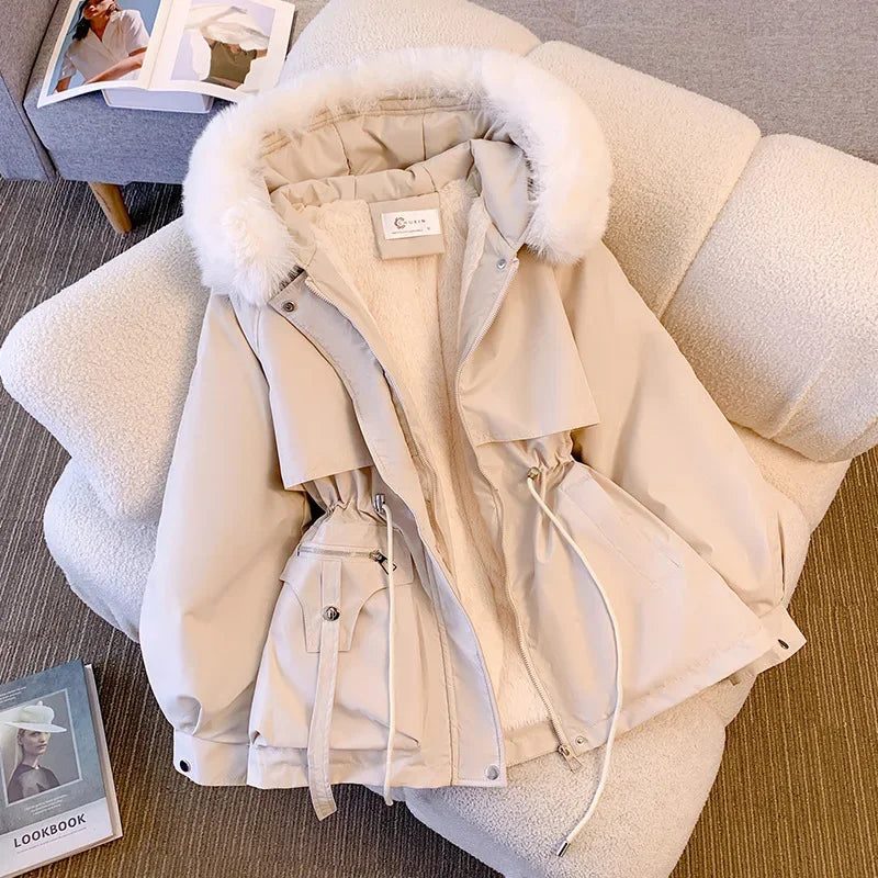2024 Autumn Winter Parkas Coat New Women's Cotton-Padded Plush Warm Coat Women's Long Sleeve Zipper Hooded Drawstring Parkas